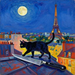 knife - painting of a colorful and contrasted scenery, a cat walk on a roof in paris, the moon shine in the sky, the effeil tower is in the background, in the style of leonid afremov
