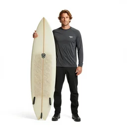 rugged surfer holding board, cinematic studio photo, full body, standing, isolated on a pure white background, centered, whole figure in frame, sharp focus, studio lighting