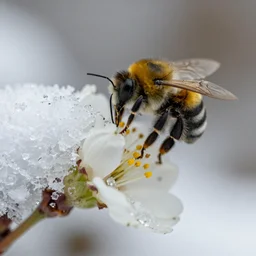 a nature photograph macro shot of a bumblebee pollinating a partly frozen flower. snow and ice in the background