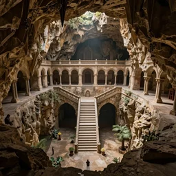 close establishing artstation fantasy scene shot of very deep cavernous sinkhole inside monastir de pedralbes large courtyard, stairs inside the sinkhole