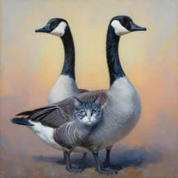 painting of cross between housecat & canadian goose, intercrossed animal, by zdzislaw beksinski, by arne olav gurvin fredriksen, by tiffany bozic, by corine perier, amazing details, cold hue's, warm tone gradient background, concept art, beautiful composition, digital painting