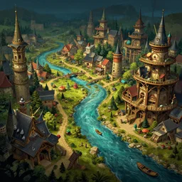 overview of nice fantasy town with a river passing through gameplay still frame, 4 colors, retro, splash screen, level design, high contrast, background, deep focus, highly detailed, dramatic lighting, digital painting, artstation, concept art, matte, greg rutkowski, moebius, illustration.