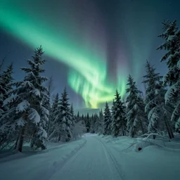 frozen forest with aurora lights in the sky, award winning national geographic photograph
