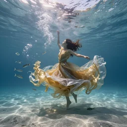 a woman in the far distance, wearing a dress made of many very long layers of thin sheer gold and silver fabrics flowing in the fast current, is dancing and whirling underwater on the sandy sea bottom, swirling schools of silver fish, bubbles, swirling smoke shapes, octane render, bright caustics lighting from above, cinematic