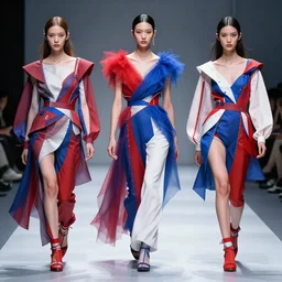 dystopian fashion incorporating red white and blue, brutalist fashion show, studio lighting, concept art