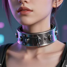 detailed realistic female character cyberpunk wearing thick steel collar around neck, realistic, art, beautiful, 4K, collar, choker, collar around neck, punk, artstation, detailed, female, woman, choker, cyberpunk, neon, punk, collar, choker, collar around neck, thick collar, tight around neck, punk,