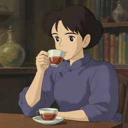attractive female drinking tea, in the style of studio ghibli, j. c. leyendecker, greg rutkowski, artgerm