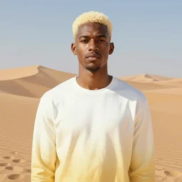 full figure african young man, luminous scene, by greg rutkowski and alphonse mucha, d & d character, gradient white to gold, in front of a dune desert background, highly detailed portrait, digital painting, artstation, concept art, smooth, sharp focus illustration, artstation hq