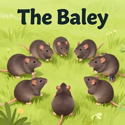 «The Bailey»: a group of rats frolicking in a field in the style of bernini, poster framed, intricate details, medieval art style, high contrast, posterized, titled «The Bailey»
