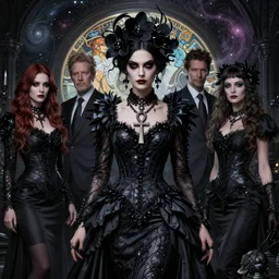 a stunning gothic business woman by tom bagshaw, alphonse mucha, donata giancola, mary jane ansell, wearing an ornate raven dress, ankh necklace, horror, black magic, black orchids, gothic, dark academia, atmosphere, realism, octane render, dof, whirling nebulas, hyperdetailed, 8 k,