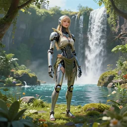 beautiful digital fantasy illustration of a robot in a garden, a full body portrait of a beautiful post apocalyptic offworld neoicelandic biofarmer swimming by the waterfalls, octane render, unreal engine, 8 k, soft lighting, rendered in octane, masterpiece, very very very aesthetic