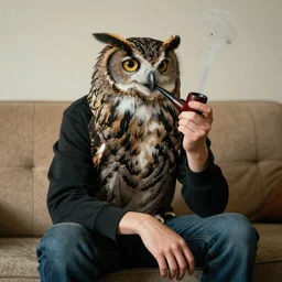 an owl man sitting on a couch smoking a pipe, realistic
