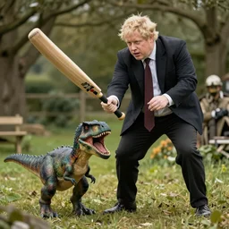 Boris Johnson hitting a small dinosaur with a cricket bat, cinematic, movie scene, hyper realistic