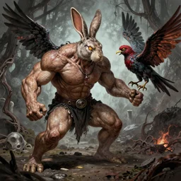 extremely muscular humanoid bunny fighting frail bird in hell, highly detailed, digital art, trending on artstation,