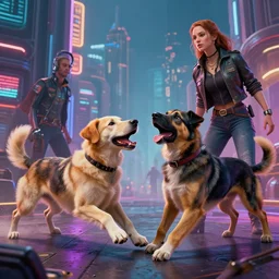 war dogs attacking by mia brownell, art by anna hotchkis, antonio saura, very detailed, maximalism, ambient occlusion, volumetric light, hyper realism, futuristic but colorful shading