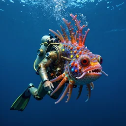 a picture of mysterious colourful underwater creature, being discovered by a man in a steampunk diving suit. water is deep aquamarine coloured. poster art by james jean, concept art, behance contest winner, very detailed, award - winning. lovecraftian, cosmic horror, bioluminescence.