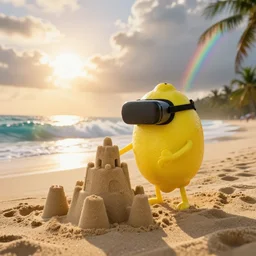 a photograph, of a real anthropomorphic lemon cartoon character, it has lemon skin texture, bald, tall, thin, wearinga vr goggles, it's building a sandcastle on the beach at sunset, beach, huge waves, bright sun, turbid clouds, rainbow, tropical trees, rim light, sand, sandcastle, volumetric lightening, pentax k 1 0 0 0