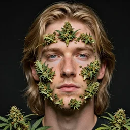 a young robert plant made of marijuana buds and leafs for a head and face 4 k