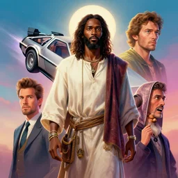 3 d vfx - movie poster - art of an african jesus with a flying delorean, art style by stanley artgem lau, drew struzan, & ernie barnes, unreal engine render, digital illustration, sharp, intricate detail, volumetric lighting, ray tracing, soft light, colourful, pinterest, artstation, behance