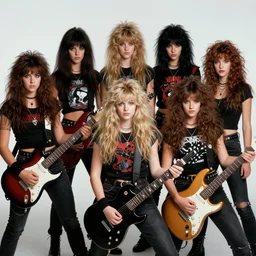 Group of 19-year-old women holding electric guitars, long shaggy hair, permed hair,  thrash metal, heavy metal, band promo photo, 1987 photograph