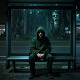 guy wearing dark green hoodie, sitting at bus stop, environment, dark tv show style,, movie still, spooky, epic scene, cinematic, art by peter mohrbacher and zdzisław beksinski, 4 k, realistic