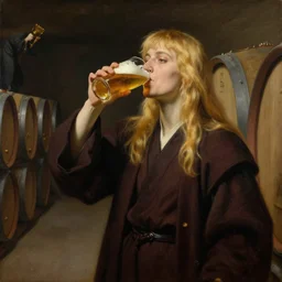 hot blonde in a wine cellar, drinking beer with a jedi, painting by vladimir volegov