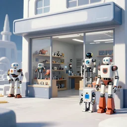 in front of a store selling robots and robot parts, [ some robots on display outside of the store ], in a remote outpost, from a space themed point and click 2 d graphic adventure game, set design inspired slightly by tomb raider, art inspired by [ [ thomas kinkade ] ] and mark keathley