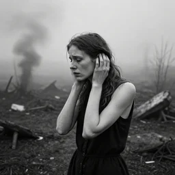 award winning photo of some despair as ingmar bergman would depict it, she is 2 3, skinny and beautiful and listens to oathbreaker, she is deaf but still hears, photo, black and white, the background is devastated by pollution, insanely detailed, once she dreamt of escaping dreams forever, foggy like in norwegian black metal aesthetic