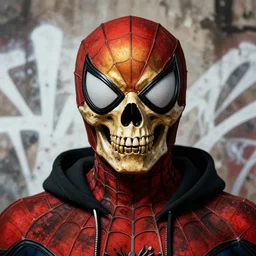 highly detailed closeup portrait of a skeleton in spiderman suit with skeleton skull head, black hoodie by atey ghailan, by greg rutkowski, by greg tocchini, by james gilleard, by joe fenton, by kaethe butcher, gradient, red, gold, black, brown and white color scheme, grunge aesthetic!!! white graffiti tag wall background