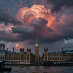 apocalyptic londen with psychedelic clouds in the year 2 2 4 5. 4 k
