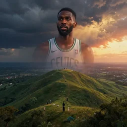 boston celtics glen davis!!!, by hiroshi yoshida, marc simonetti, roger deakins, turner, rothko, hyperrealism, cinematic, hills, heeathland, dramatic storm sunset, matte painting, fluid simulation, tonalism, volumetric light, trending on artstation, cgsociety, high detail concept art, top view, rendered in octane