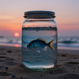 photograph of a glass jar aquarium, standing in sand on a beach. big fish swimming inside the jar, dark blue ocean water inside the jar. quiet sunset in the background. soft golden red lighting. hyperrealistic, cgsociety, artstation, 8 k