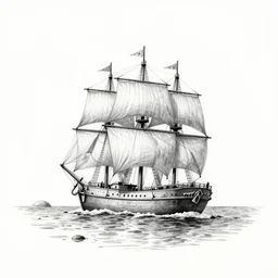 A ship on a deserted island, pencil drawing on white background