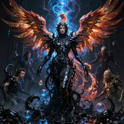 full shot of a beautiful woman covered by massive black oil, venomize, intricate lights, gas, blue light, phoenix, bio luminescent, plasma, by ruan jia and artgerm and range murata and wlop and ross tran and william - adolphe bouguereau and beeple. key art. fantasy illustration. award winning, artstation, intricate details, realistic, hyperdetailed, vibrant lights.