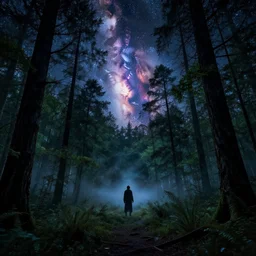 A haunted forest that comes alive under the milkyway at night, beautiful, enchanted, spooky, film grain, large format photograph, forest, tree's, plants, nature, space, milkyway, galaxy, vibrant colors, by Stephen King, misty, haunted, moody, sinister, evil, cinematic lighting, cinematic color grading, 8k render, hyperrealistic, ultra HD, Unreal Engine 5 render