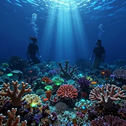 a bioluminescent coral reef, underwater, god rays, by james gilleard and liam wong and jeremy mann, extra wide angle, cel shaded, pixiv