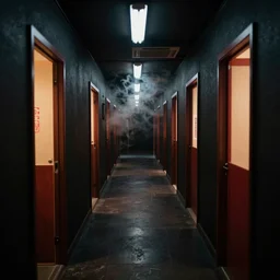 spooky photo of a dark infinite hallway of a japanese izakaya with open lit doorways all the way down, dramatic lighting, smoke, ceiling fluorescent lighting, black and red colour palette