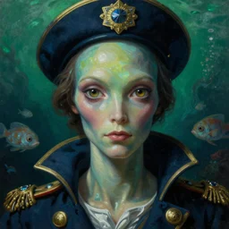 baroque neoclassicist close - up portrait of an alien sea captain with an intense gaze, underwater with sea creatures in the background. iridescent textures. deep green and blue. highly detailed science fiction painting by norman rockwell, frank frazetta, and syd mead. rich colors, high contrast, gloomy atmosphere. trending on artstation and behance.