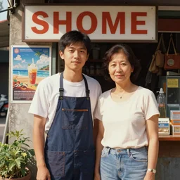 home photography portrait, the shopkeeper guy of SHOME, and his wife, signboards , poster ; summer, Color VHS picture quality with mixed noise