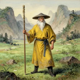 a chinese battle monk, wearing a faded dark yellow toga, a gray straw hat, holding a long wooden staff that is perpendicular to the floor, long white beard, beautiful valley with a meadow and dozens of mountains, lots of shading, full body shot, detailed, fantastical, drawn in the style of jean - baptiste monge