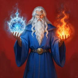 a wizard holding an orb of frost in one hand and an orb of fire in the other, blue robes, red background, symmetrical, long white hair, long white beard, realistic painting, fantasy