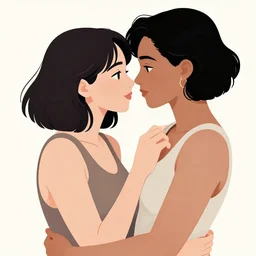 artistic depiction of a mixed race lesbian couple deeply in love, very romantic, highly detailed, smooth, stylized, medium shot, vector line art, clean cel shaded vector art, by ross tron and lois van baarle, artgerm, helen huang, makoto shinkai, ilya kuvshinov, rossdraws