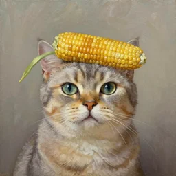 an oil painting of a cat with corn on its head