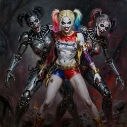 portrait painting of harley quinn zombie battles biomechanical wonder woman, sharp focus, full figure action shot, award - winning, dark fantasy, eerie, the occult, satanic, trending on artstation, masterpiece, highly detailed, intricate. art by josan gonzales and moebius and deathburger