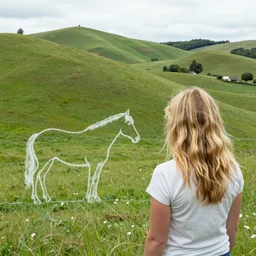 blond woman facing a pastoral countryside with chalk outlined horse drawn into the hills and waves of green grass