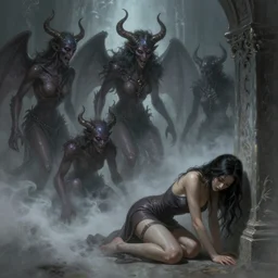 The Conjuring of Astaroth and Pazuzu , photorealistic, demons, apparitions, a sexy beautiful dark haired woman cowers in the corner, mist and smoke, digital painting, artstation, illustration, concept art, smooth, soft volumetric lighting, art byMoebius Yasushi Nirasawa HR Giger