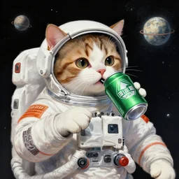 digital painting of a patchwork of an astronaut cat drinking a can of green radioactive soda in the middle of the space
