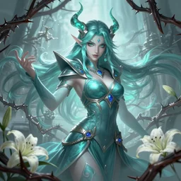 beautiful necromancer with aqua and mist magic, surrounded by thorns and lilies. attarctive face, anime key visual, highly detailed, sharp focus, concept art, league of legends, style by shumolly and monable and artgerm and greg rutkowski and zeronis and pilyeon and ruan jia