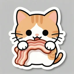 A sticker with a cat eating a bacon.Cartoon.digital art.high quality.high accuracy.colorful.beautiful