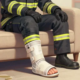 detailed illustration of a fireman with a broken foot, sitting on sofa, foot in a plaster cast. videogame cover art, highly detailed, digital painting, artstation, concept art, smooth, detailed armor, sharp focus, beautiful face, illustration, art by Artgerm and greg rutkowski and alphonse mucha